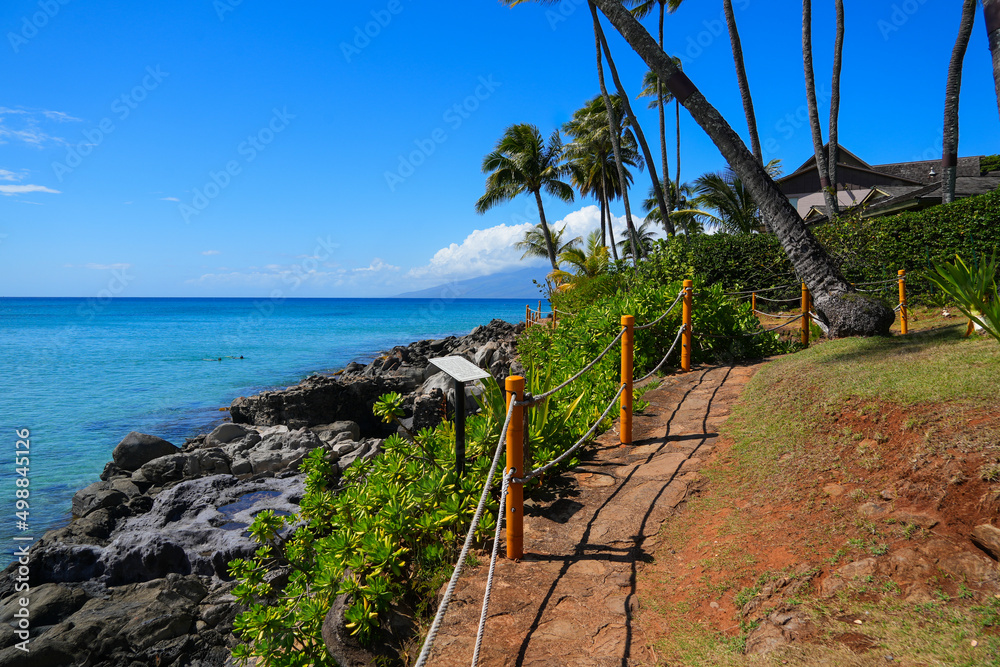 Coastline trail of Napili Bay in Kapalua in the West of Maui island, Hawaii, United States