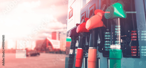 Fotografia Gas station with fuel dispensers on technological background
