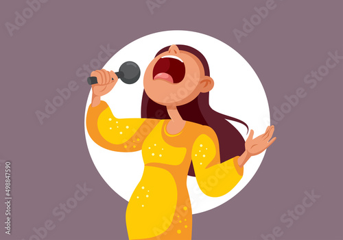 Woman Holding Microphone Singing Loud Music Vector Cartoon