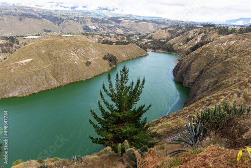 Aerial view of the lake Yambo which is located near the city of Salcedo in the province of Cotopaxi, central Ecuadorian highlands. Ecuador	