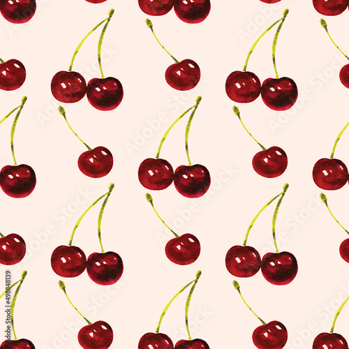 Cherry berries watercolor seamless pattern