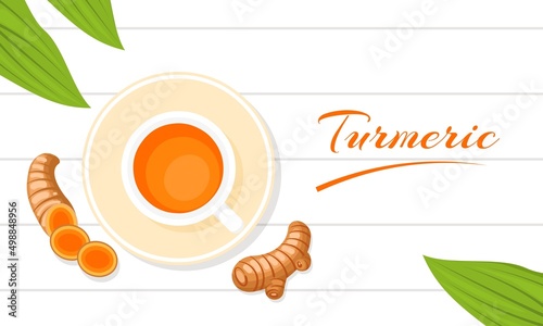 Turmeric tea or Curcuma longa Linn in cup and curcumin rhizome with leaves on white table. vector illustration.