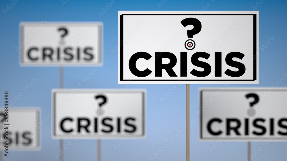 Banner sign question mark symbol and crisis text. Horizontal composition with copy space. focused image.