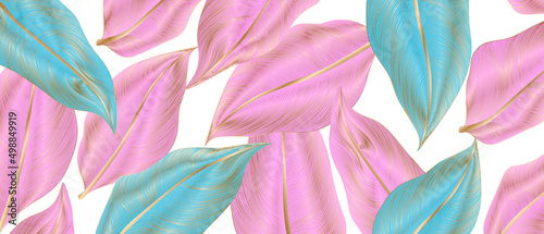 Luxury art background with tropical blue and pink leaves in golden art line style. Stylish botanical banner for packaging design, interior design, wallpaper, print, textile