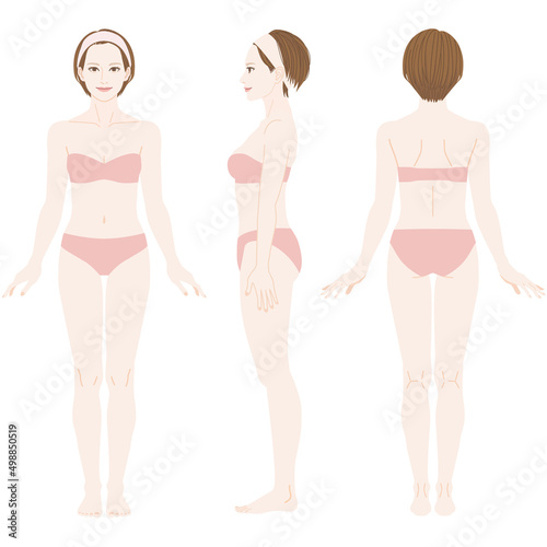 ［Full-body illustration of a woman］ This woman's body has an unbiased center of gravity. The body with conspicuous joints.She is wearing underwear.Front, Side, Rear view.