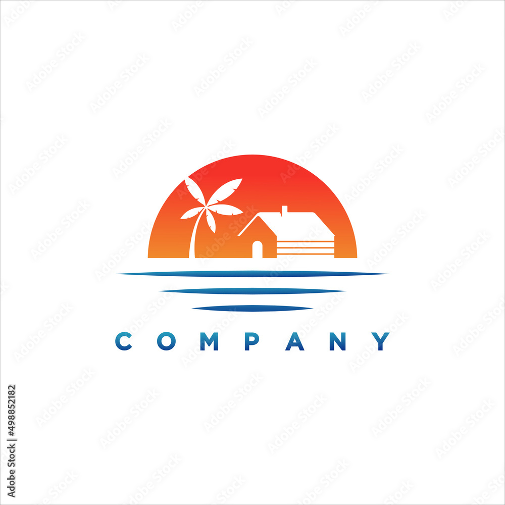 Modern sunset and cabins logo illustration design