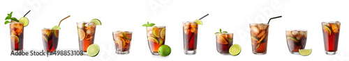 Set of tasty Cuba Libre cocktails isolated on white