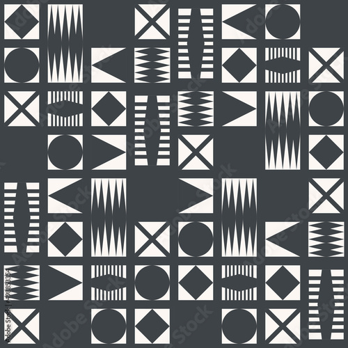 Vector african tribal shape geometric patchwork pattern black and white color seamless background. Use for fabric, textile, interior decoration elements, upholstery, wrapping.
