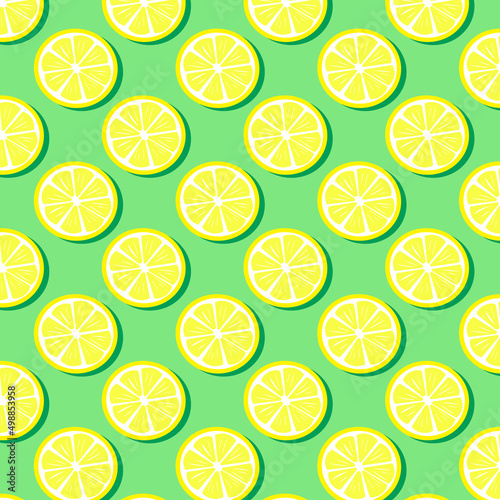 Pattern with lemon slices. Vector illustration on a green background. For use in packaging, prints, fabrics, brochures and covers, stationery, flyers.