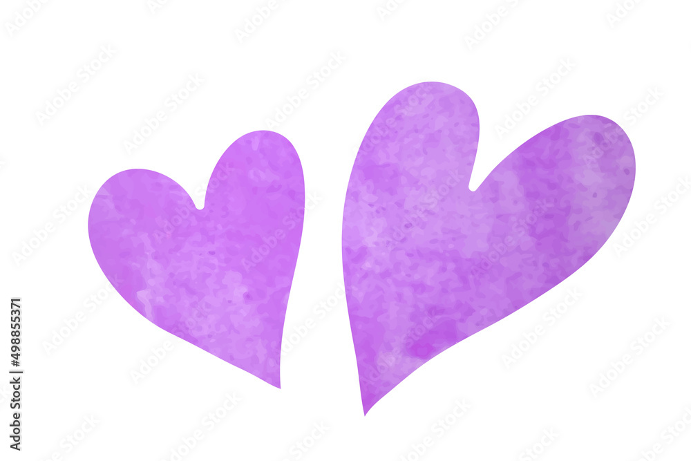 Watercolor purple hearts isolated on a white background. Vector illustration.