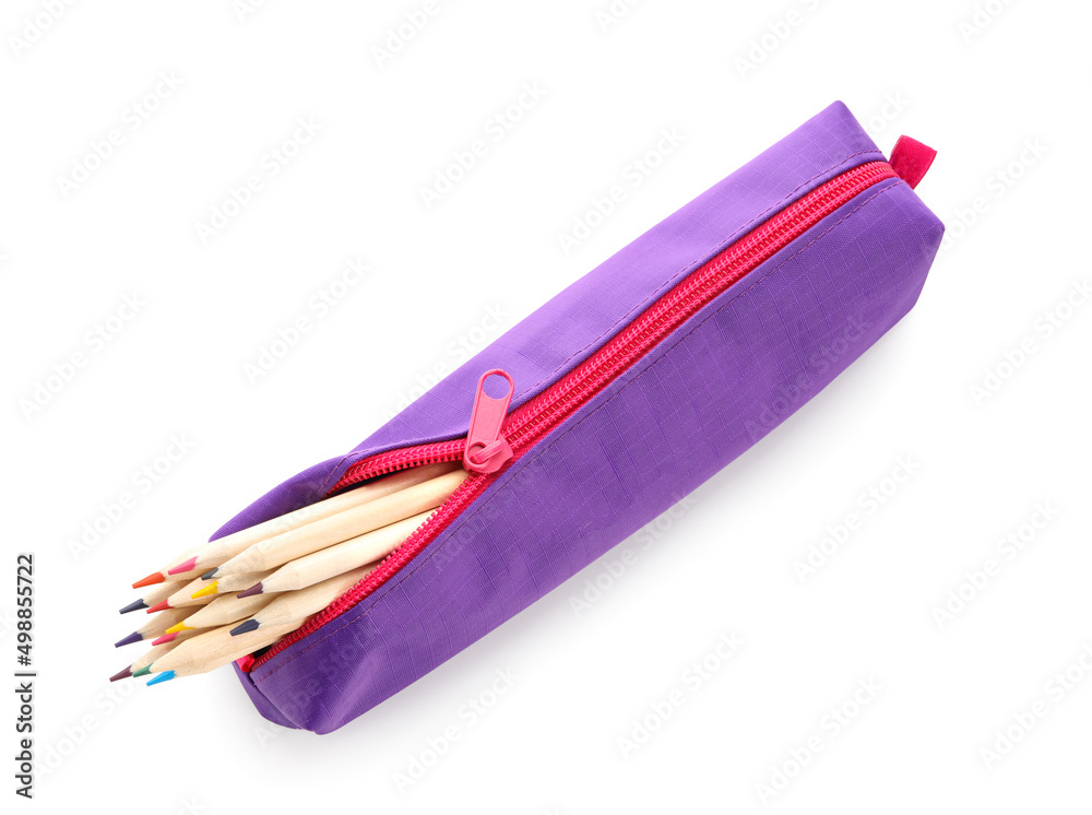 Case with color pencils isolated on white background Case with color pencils isolated on white background
