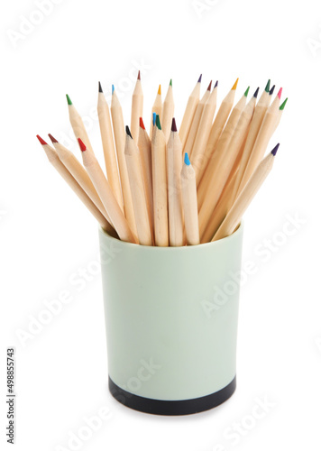Holder with color pencils isolated on white background