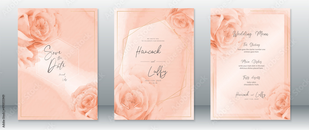 Wedding invitation card template orange background elegant with golden frame and rose