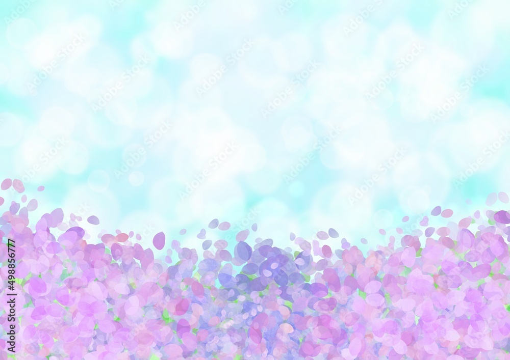 紫の花と空と光が描かれた水彩タッチの背景イラスト