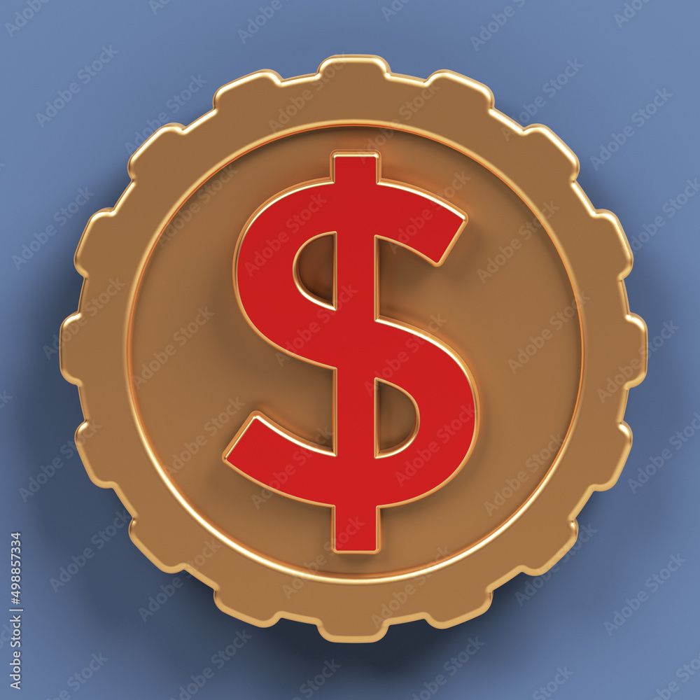 Red-colored Dollar sign with golden coin icon. On grayish blue-colored background. Square composition with copy space. Isolated with clipping path. Red-colored Dollar sign with golden coin icon. On grayish blue-colored background. Square composition with copy space. Isolated with clipping path.