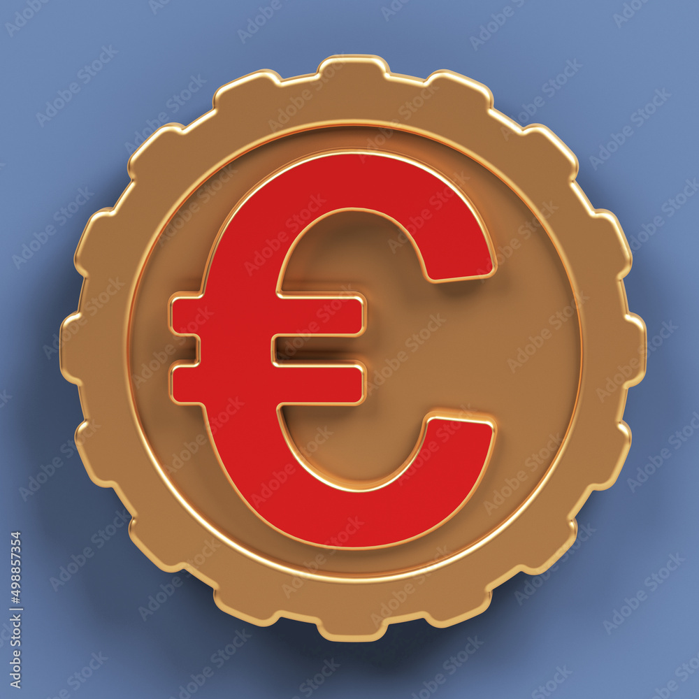 Red-colored Euro symbol with golden coin icon. On grayish blue-colored background. Square composition with copy space. Isolated with clipping path. Red-colored Euro symbol with golden coin icon. On grayish blue-colored background. Square composition with copy space. Isolated with clipping path.
