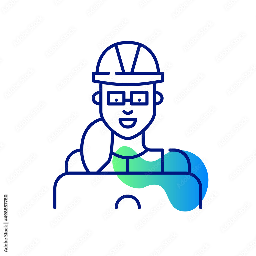 Young professional woman wearing hard hat. Architect or engineer working or learning at laptop. Pixel perfect, editable stroke line art icon 