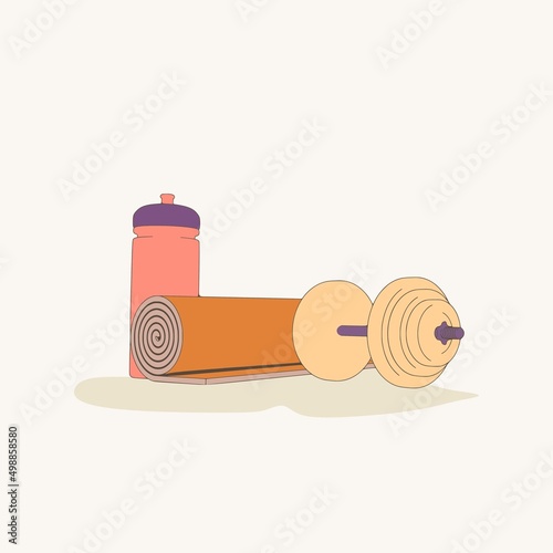 Gym training and home exercising and fitness equipment. Dumbbell, yoga mat and bottle. Tools for healthy lifestyle and wellbeing.