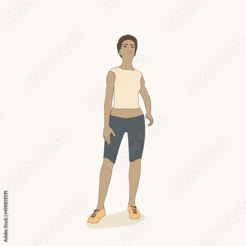 Standing afro american woman. Sport girl illustration. Casual sportwear - t-shirt, breeches and sneakers. Young woman wearing workout clothes. Sport fashion girl outline in urban casual style.