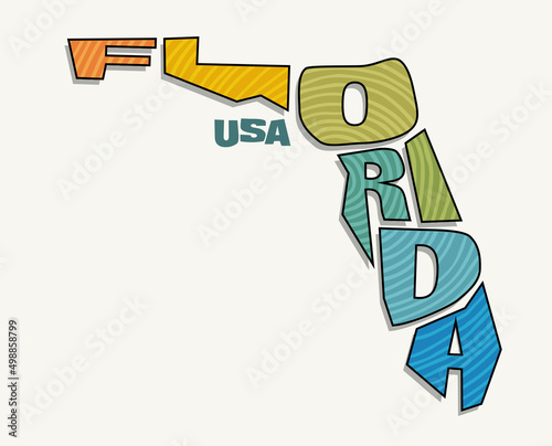 State of Florida with the name distorted into state shape. Pop art style vector illustration for stickers, t-shirts, posters, social media and print media.	