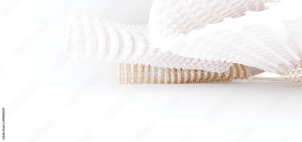 Luxury parametric abstract architectural minimalistic background. Contemporary showroom. Modern colored glass exhibition tunnel. Empty gallery. Backlight. 3D illustration and rendering.