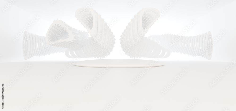 Luxury white abstract architectural minimalistic background. Contemporary showroom. Modern exhibition stand. Empty gallery. Backlight. Polygonal Graphic Design. 3D illustration and rendering.
