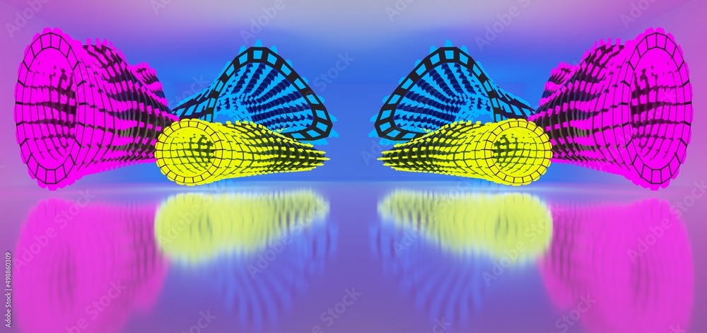 Abstract architectural minimalistic background. Laser show in the ultraviolet spectrum. Modern impulse tunnel. Futuristic space sci-fi frame neon backlight. 3D illustration and rendering.