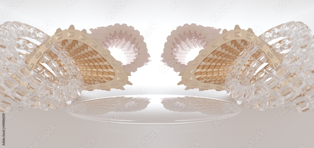 Luxury parametric abstract architectural minimalistic background. Contemporary showroom. Modern colored glass exhibition tunnel. Empty gallery. Backlight. 3D illustration and rendering.