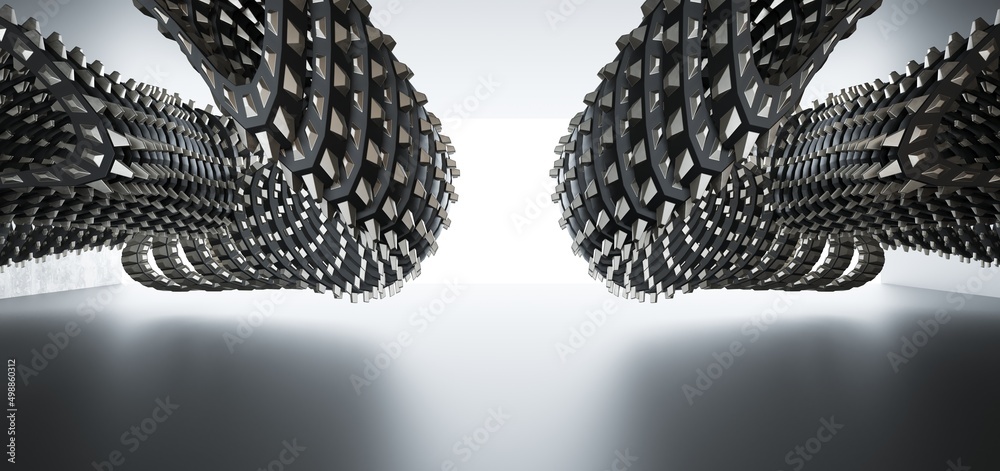 Luxury gold parametric abstract architectural minimalistic background. Contemporary showroom. Modern black exhibition Empty gallery. Interior backlight. 3D illustration and rendering.
