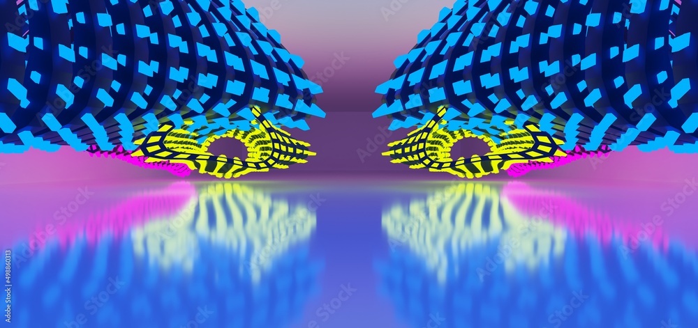 Abstract architectural minimalistic background. Laser show in the ultraviolet spectrum. Modern impulse tunnel. Futuristic space sci-fi frame neon backlight. 3D illustration and rendering.