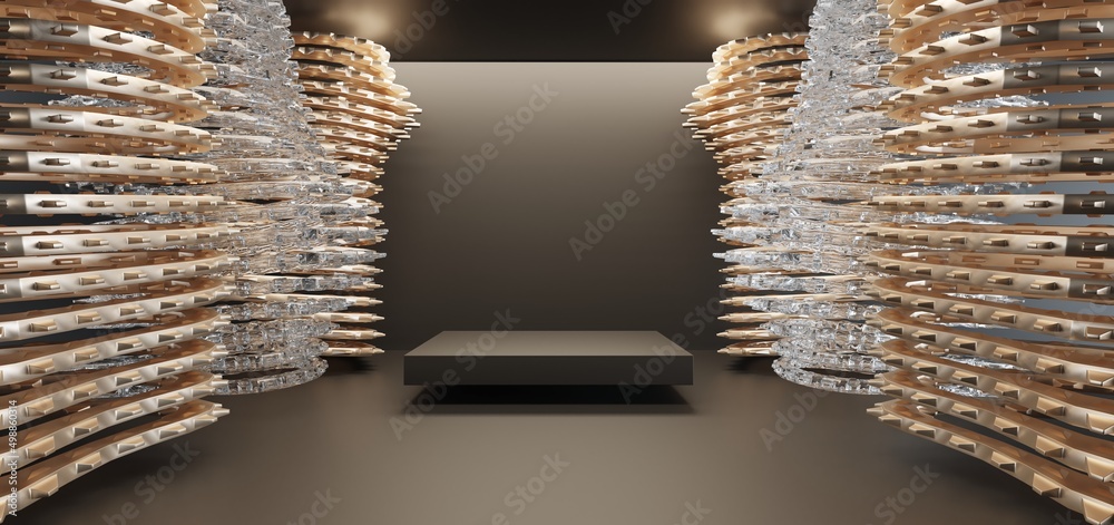 Luxury gold parametric abstract architectural minimalistic background. Contemporary showroom. Modern black exhibition Empty gallery. Interior backlight. 3D illustration and rendering.