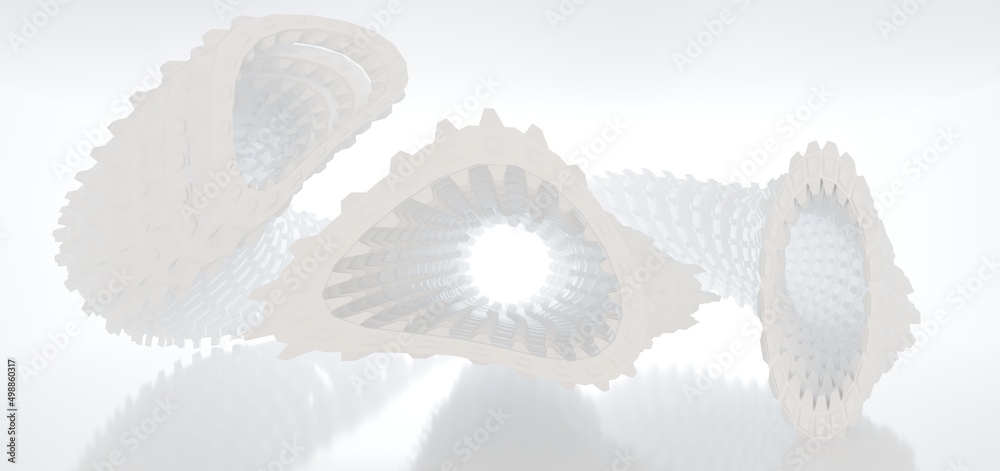 Luxury white abstract architectural minimalistic background. Contemporary showroom. Modern exhibition stand. Empty gallery. Backlight. Polygonal Graphic Design. 3D illustration and rendering.