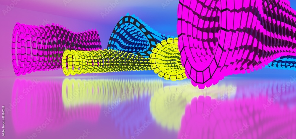 Abstract architectural minimalistic background. Laser show in the ultraviolet spectrum. Modern impulse tunnel. Futuristic space sci-fi frame neon backlight. 3D illustration and rendering.