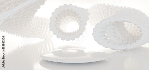 Obraz na płótnie Luxury white abstract architectural minimalistic background. Contemporary showroom. Modern exhibition stand. Empty gallery. Backlight. Polygonal Graphic Design. 3D illustration and rendering. w salonie
