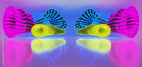 Obraz na płótnie Abstract architectural minimalistic background. Laser show in the ultraviolet spectrum. Modern impulse tunnel. Futuristic space sci-fi frame neon backlight. 3D illustration and rendering. w salonie