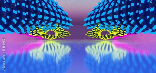 Obraz na płótnie Abstract architectural minimalistic background. Laser show in the ultraviolet spectrum. Modern impulse tunnel. Futuristic space sci-fi frame neon backlight. 3D illustration and rendering. w salonie