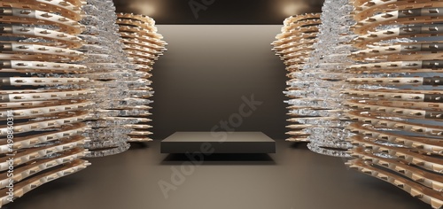 Obraz na płótnie Luxury gold parametric abstract architectural minimalistic background. Contemporary showroom. Modern black exhibition Empty gallery. Interior backlight. 3D illustration and rendering. w salonie
