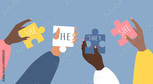 vector illustration on the theme of gender diversity, people with non-binary gender identity, transgender people. Hands of people of different races holding puzzle pieces with pronouns photo