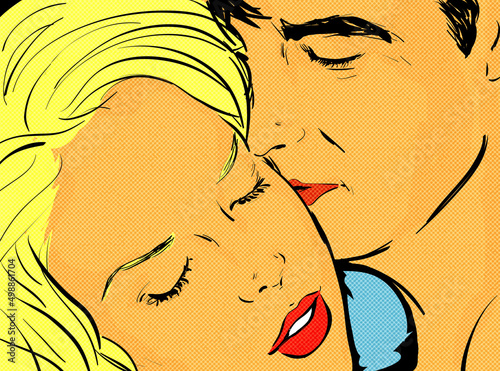pop art couple amour gros plan visage d' un homme qui embrasse la joue d'une belle jeune femme blonde