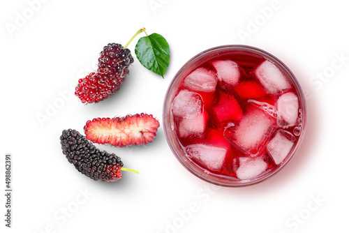 Red mulberry juice with ice cubes in glass isolated on white background. Top view. Flat lay.  photo