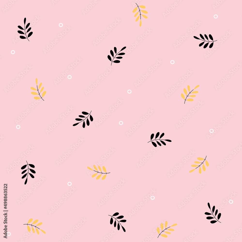 seamless pattern with black and yellow leaves on pastel pink background. pastel pattern .
