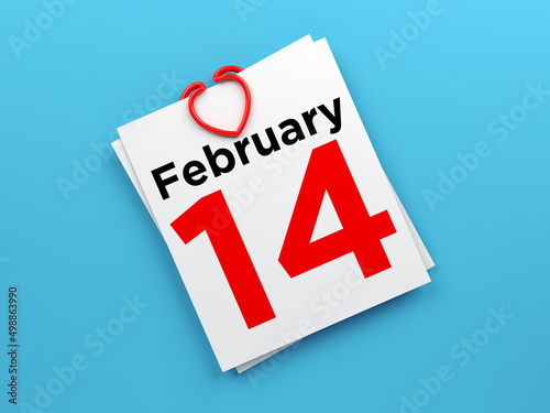 February 14 calendar page and heart-shaped attachment. On blue-colored background. Horizontal composition with copy space. Isolated with clipping path.