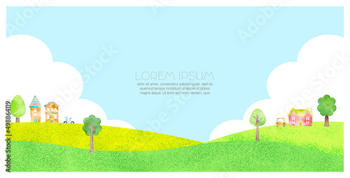 Countryside landscape, pastel color hand drawn illustration