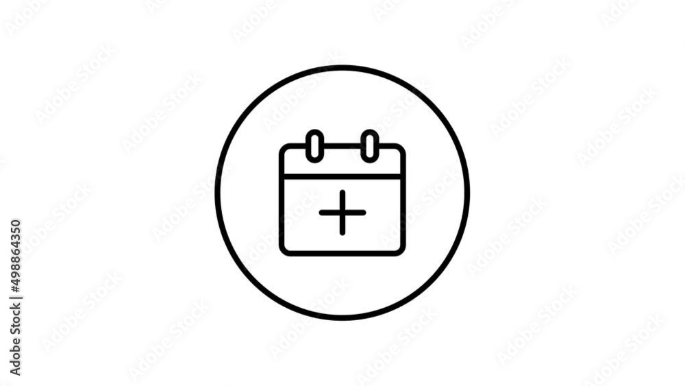 Calendar line icon add inside circle, plus sign, black outline, line icon animation. Calendar line icon add inside circle, plus sign, black outline, line icon animation.