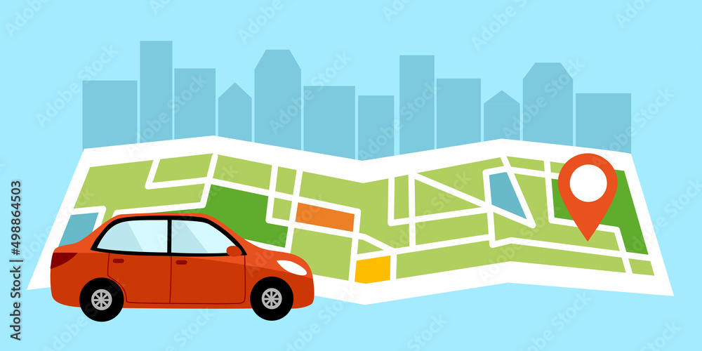 Car gps navigation tracking concept vector illustration. Car with map in flat design.