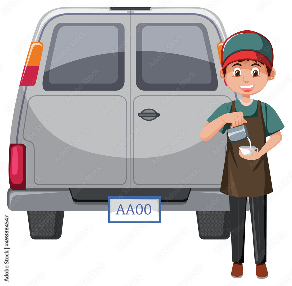Man mixing coffee by the truck Man mixing coffee by the truck
