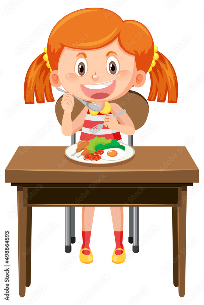 Cute girl cartoon character eating breakfast
