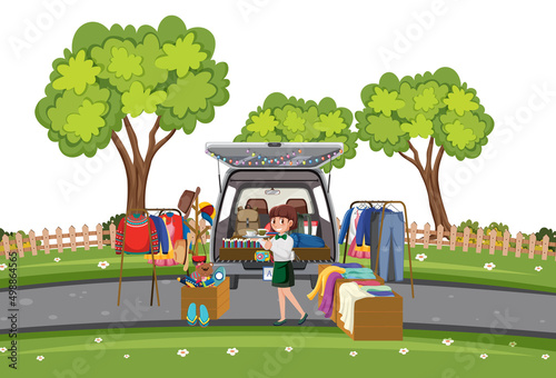 Woman and garage sale in the park