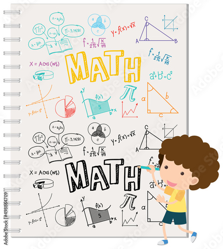 Doodle math formula on notebook page with kid