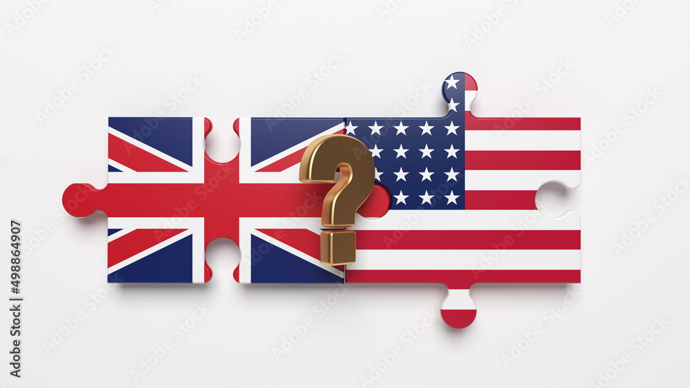 Fototapeta premium Gold-colored question mark symbol. American and English flags are on the puzzle piece. International relation concept. Horizontal composition with copy space. Isolated with clipping path.